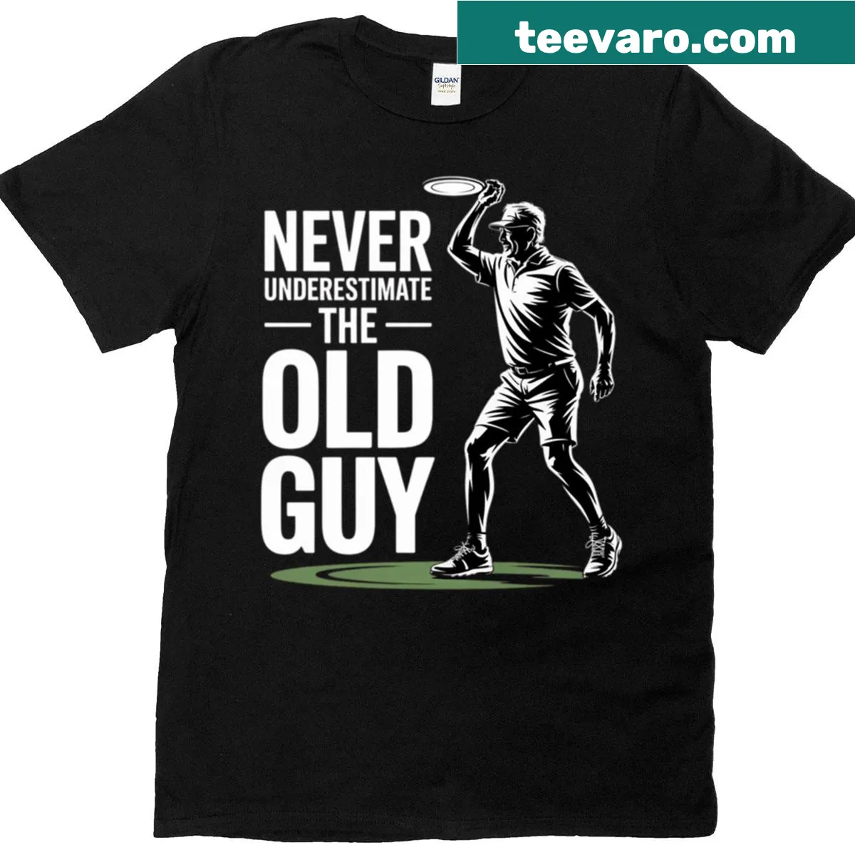 Funny disc golf shirt with humorous text about age and experience — on a men's t-shirt