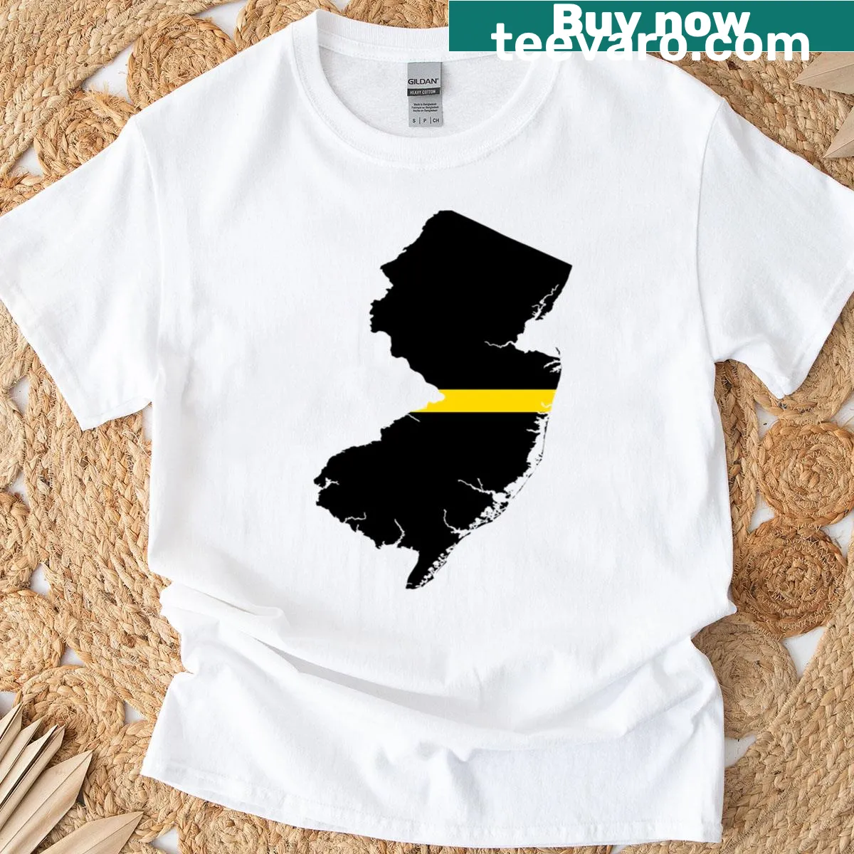 New Jersey T-shirt with a thin gold line graphic — on a men's t-shirt