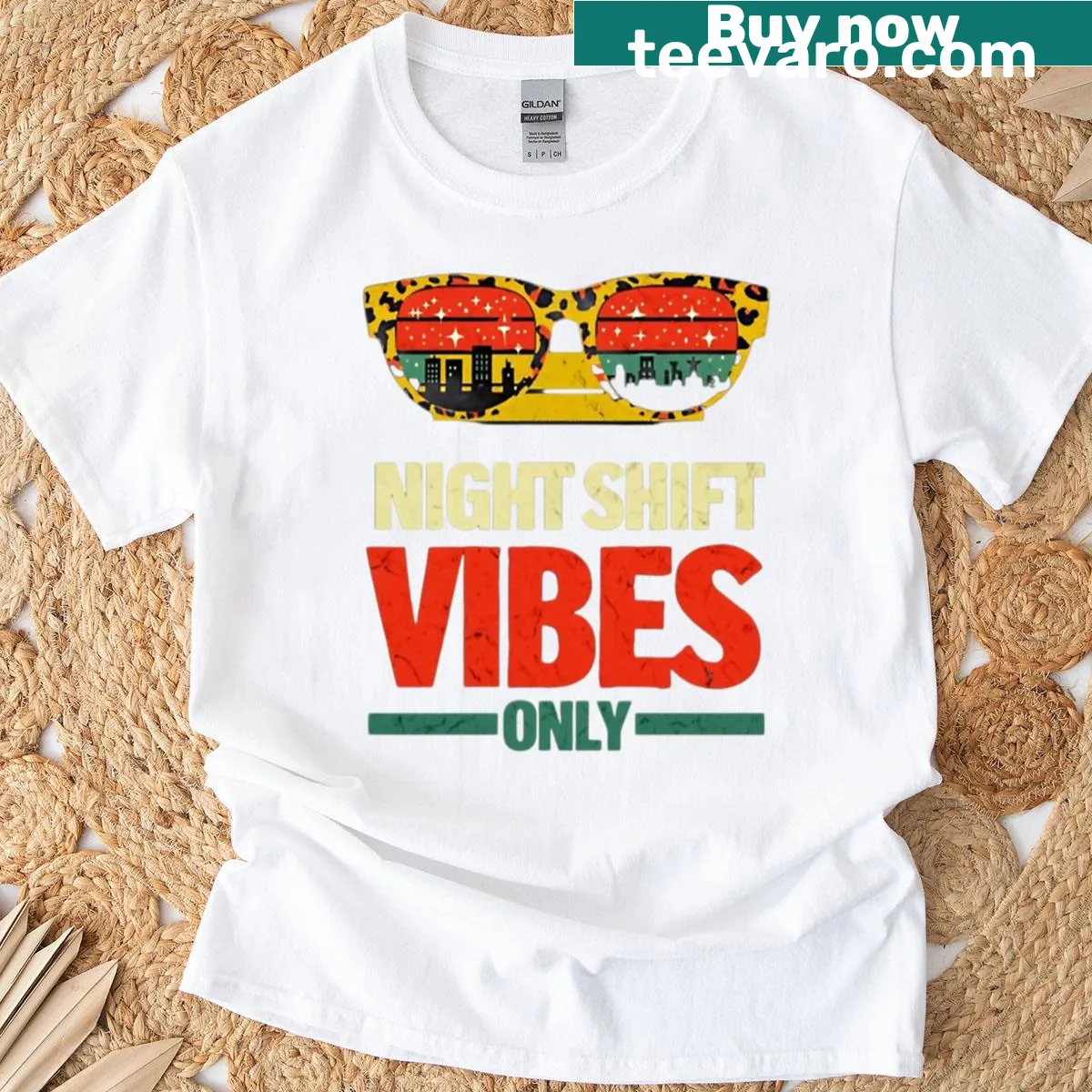 T-shirt with 'Night Shift Vibes Only' text, designed for healthcare workers. — on a men's t-shirt