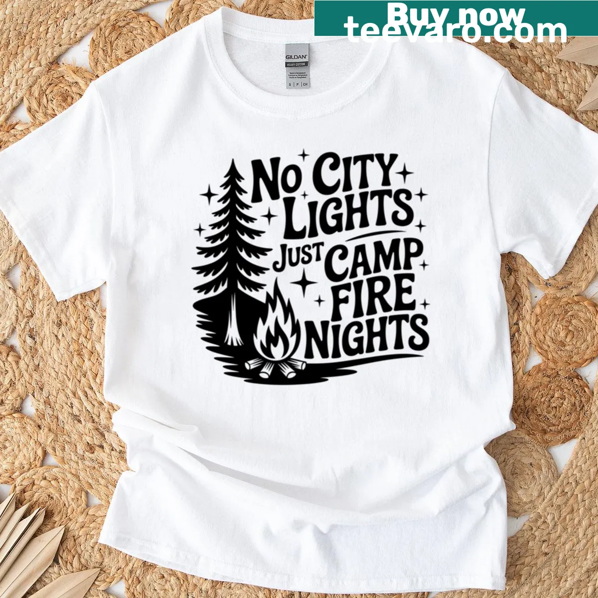 T-shirt featuring the phrase 'No City Lights Just Camp Fire Nights' — on a men's t-shirt