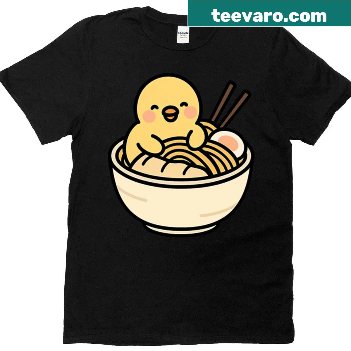 Cartoon of a kawaii duckling in a ramen bowl on a T-shirt — on a men's t-shirt