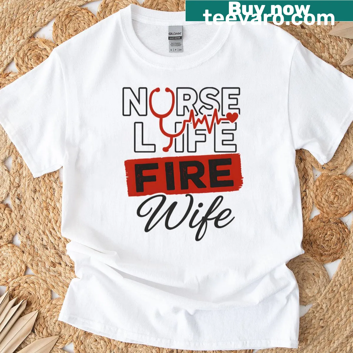 Oversized T-shirt with Nurse Life Fire Wife graphic — on a men's t-shirt