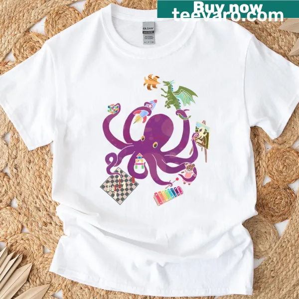 Whimsical octopus illustration for kids on a playful t-shirt