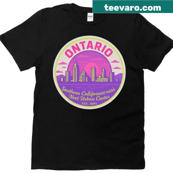 T-shirt with a retro Ontario skyline design and neon sunset colors