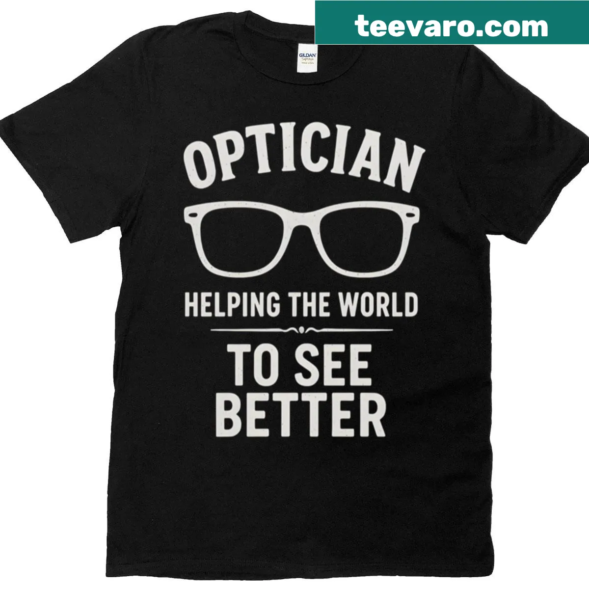 Oversized T-shirt featuring an illustration of an optician helping people — on a men's t-shirt