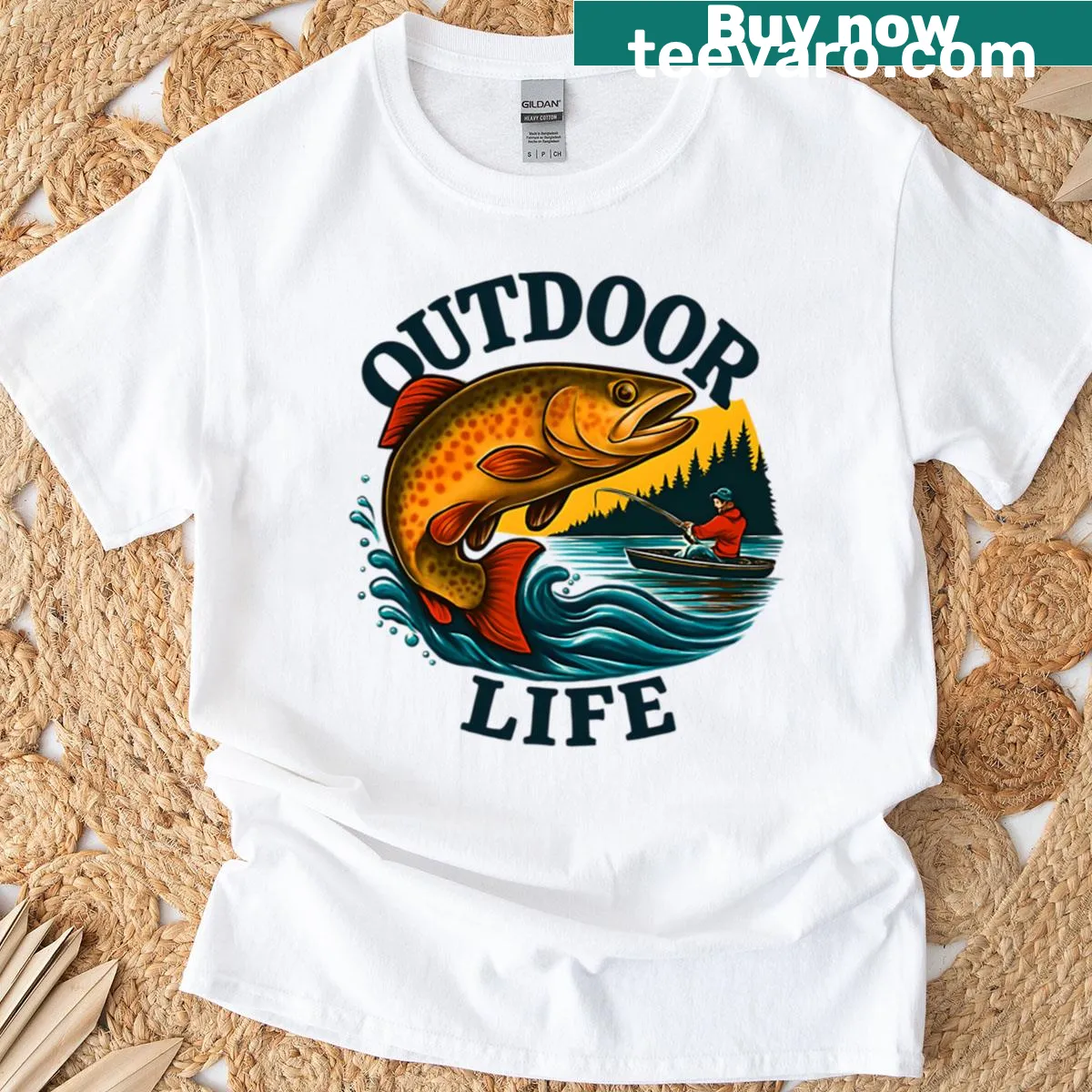 Illustration of trout fishing on an oversized t-shirt — on a men's t-shirt