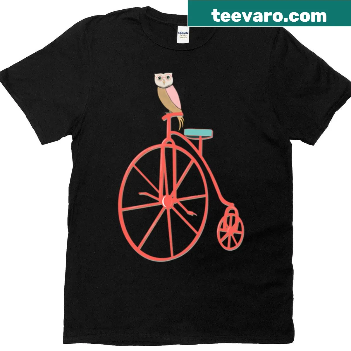 Illustration of an owl riding a vintage bicycle on a T-shirt — on a men's t-shirt