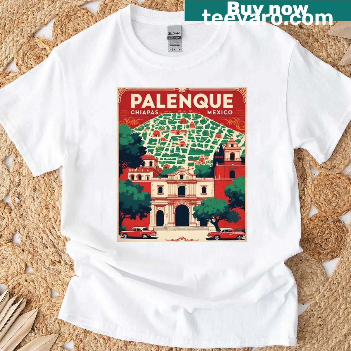 Vintage map design T-shirt featuring Palenque Chiapas Mexico — on a men's t-shirt