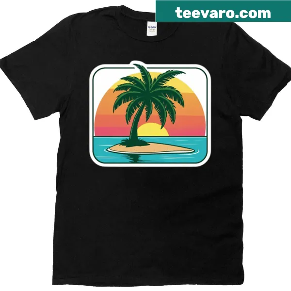 T-shirt featuring a palm tree silhouette with sunset design