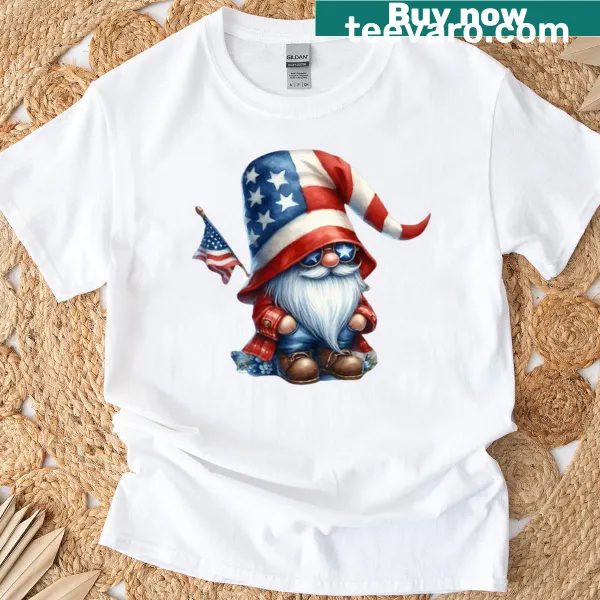 Patriotic gnome t-shirt featuring a gnome holding a flag