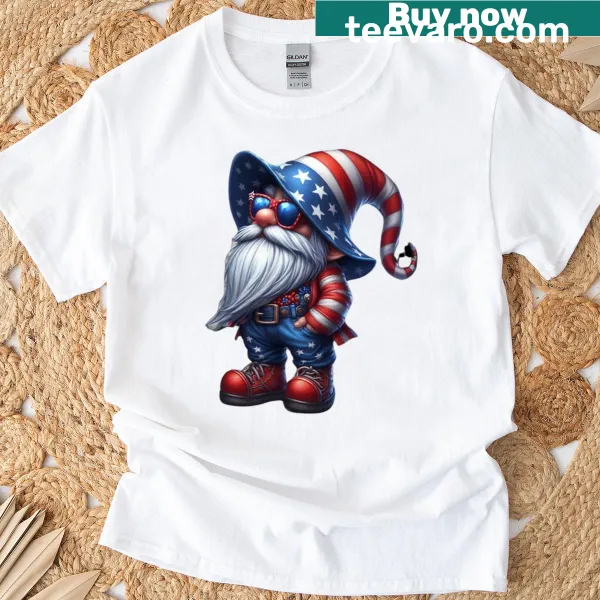 Patriotic gnome t-shirt with a gnome wearing a stars-and-stripes hat