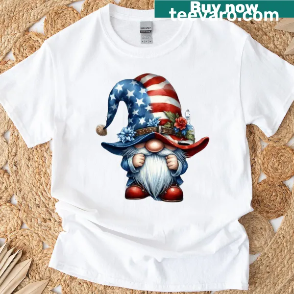 Patriotic gnome t-shirt with a gnome holding a flag