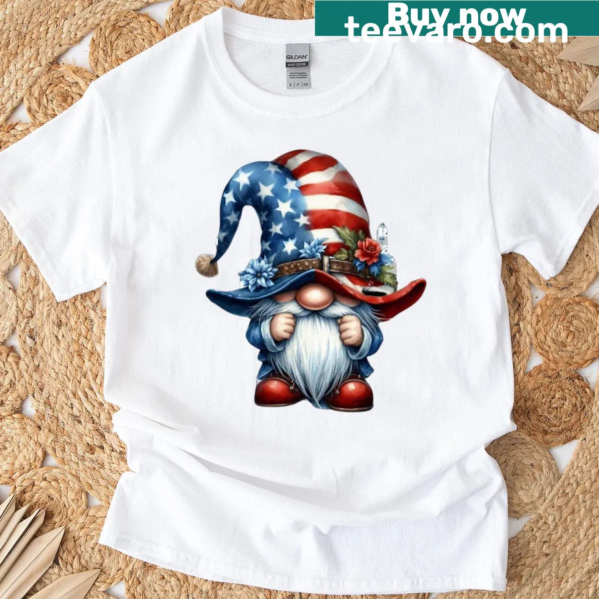 Patriotic gnome t-shirt with a gnome holding a flag — on a men's t-shirt