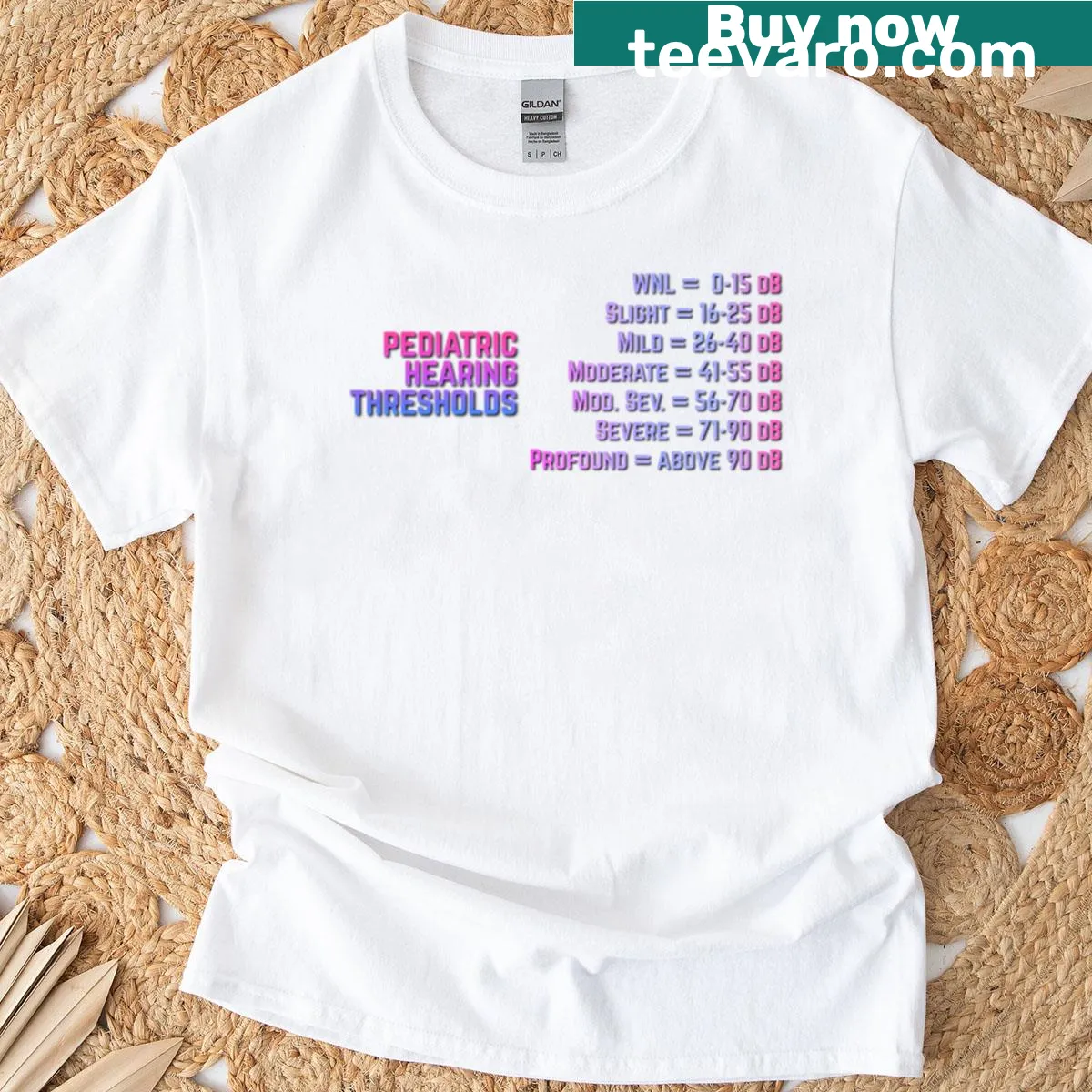 Illustrative pediatric hearing threshold chart on a t-shirt — on a men's t-shirt
