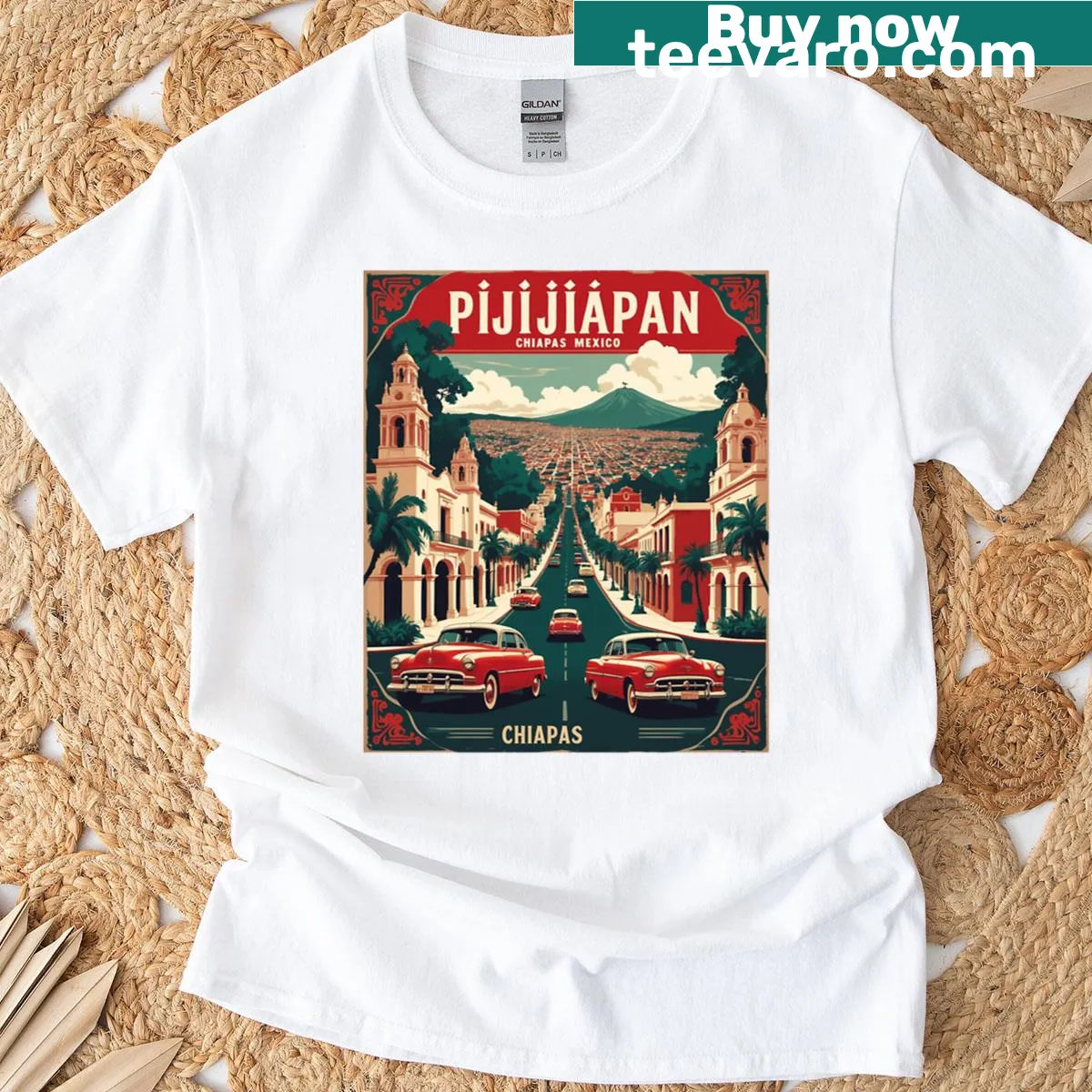 Vintage travel map t-shirt featuring Pijijiapan Chiapas — on a men's t-shirt