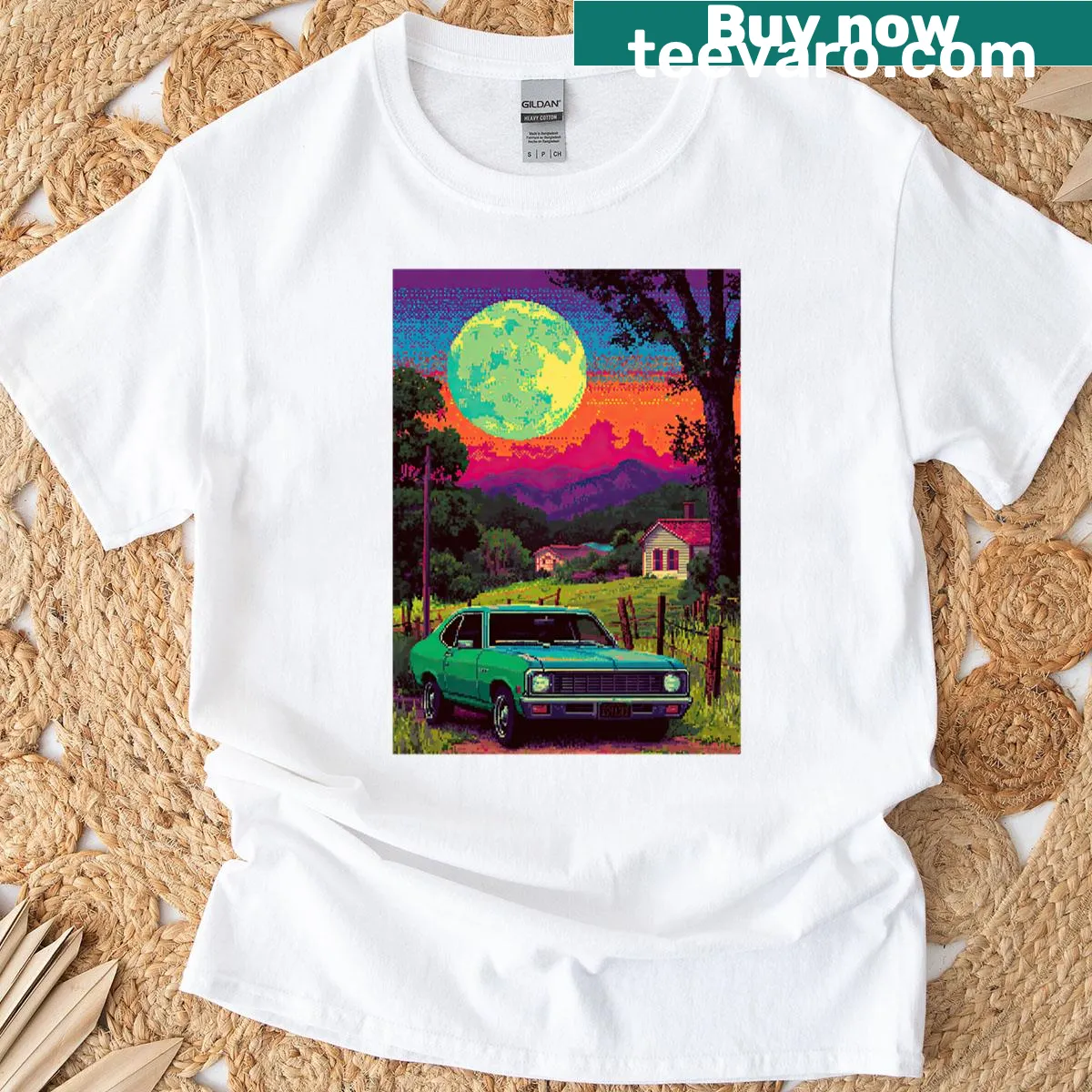 Seventies music scene pixel aesthetic design on T-shirt — on a men's t-shirt