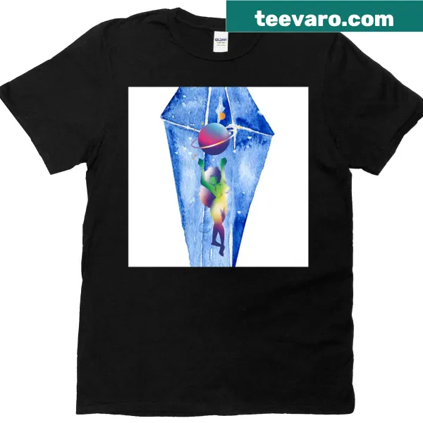 Illustration of planets and stars in a cosmic scene on a T-shirt