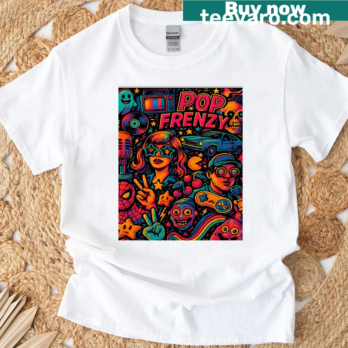 Graphic tee featuring playful typography representing pop culture — on a men's t-shirt