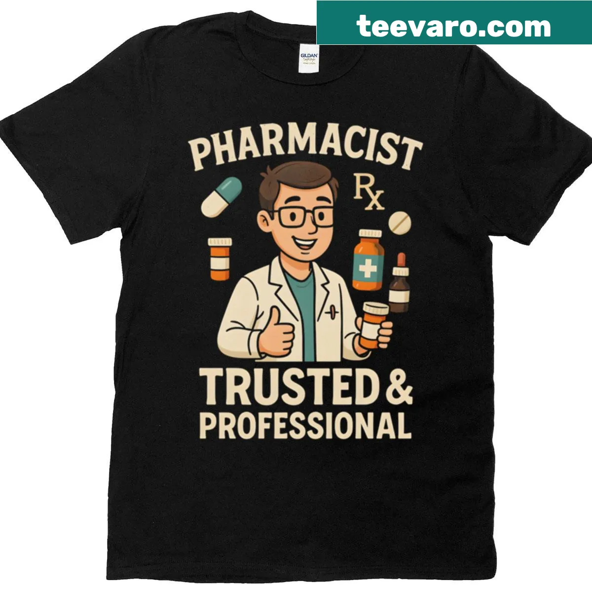 T-shirt designed for pharmacists with professional graphic — on a men's t-shirt