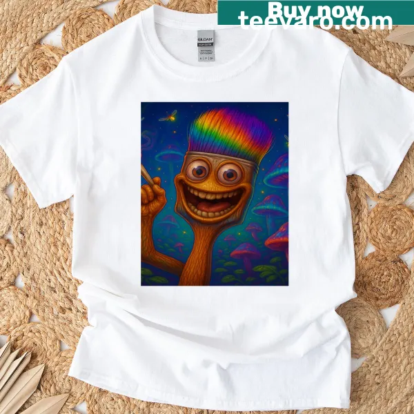 Graphic T-shirt featuring whimsical brushstroke design representing creativity