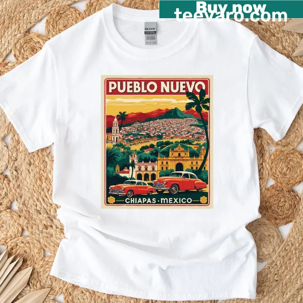 Vintage T-shirt featuring a 1950s tourism map of Pueblo Nuevo Chiapas Mexico