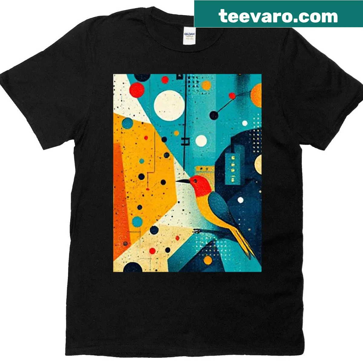 Playful T-shirt featuring birds inspired by quantum physics — on a men's t-shirt