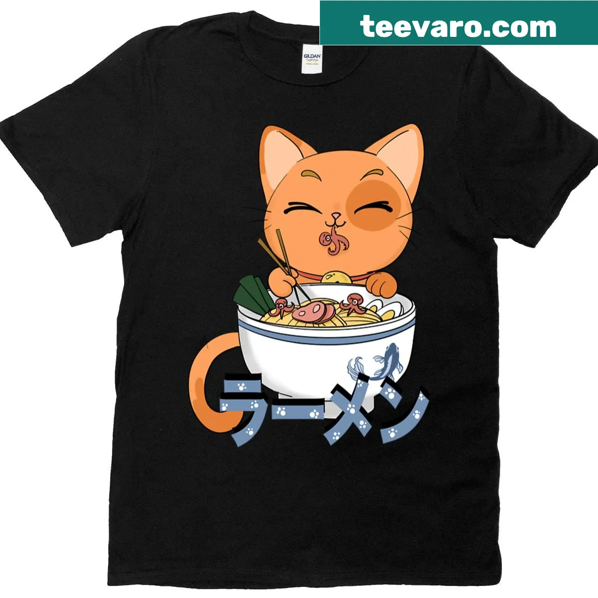 Cute illustration of a cat in a ramen bowl — on a men's t-shirt