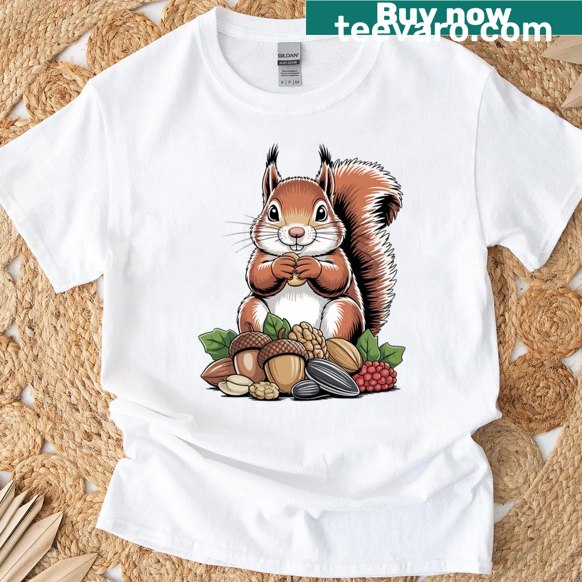 Realistic squirrel graphic with nuts on T-shirt — on a men's t-shirt