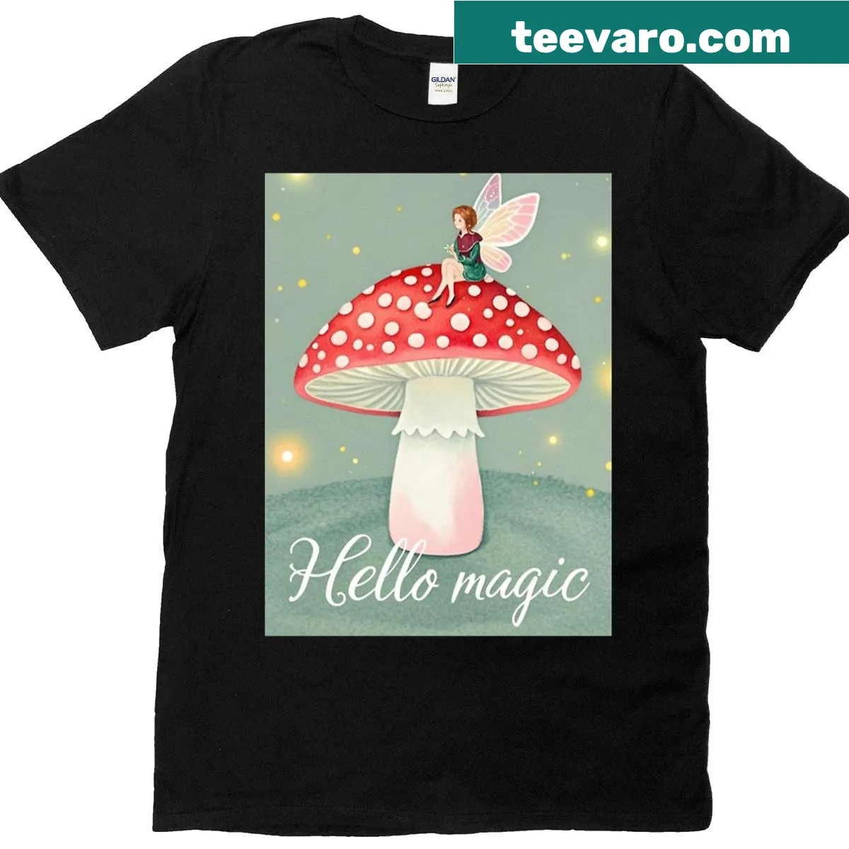 Whimsical T-shirt with a mushroom and tiny fairy illustration — on a men's t-shirt