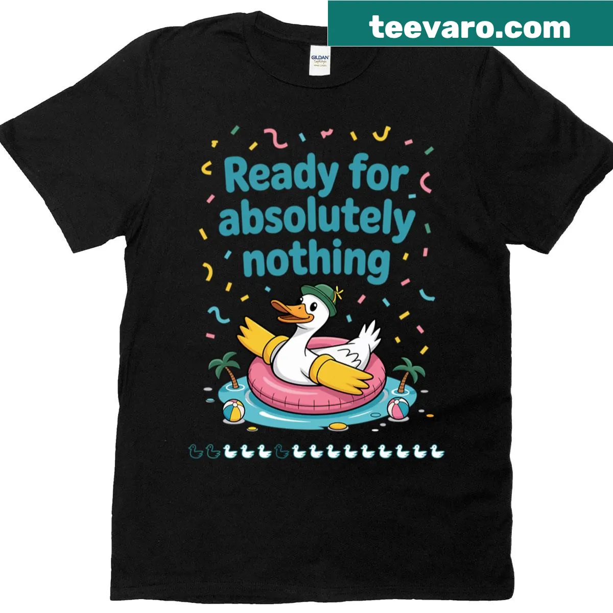 Humorous tee featuring a relaxed duck illustration for vacations — on a men's t-shirt