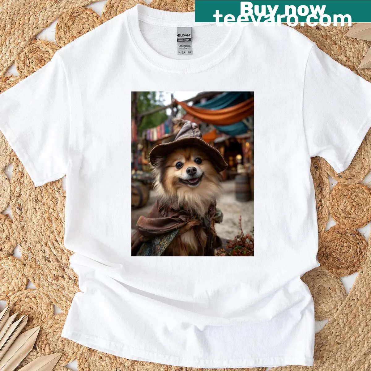 T-shirt featuring whimsical dogs in Renaissance costumes — on a men's t-shirt