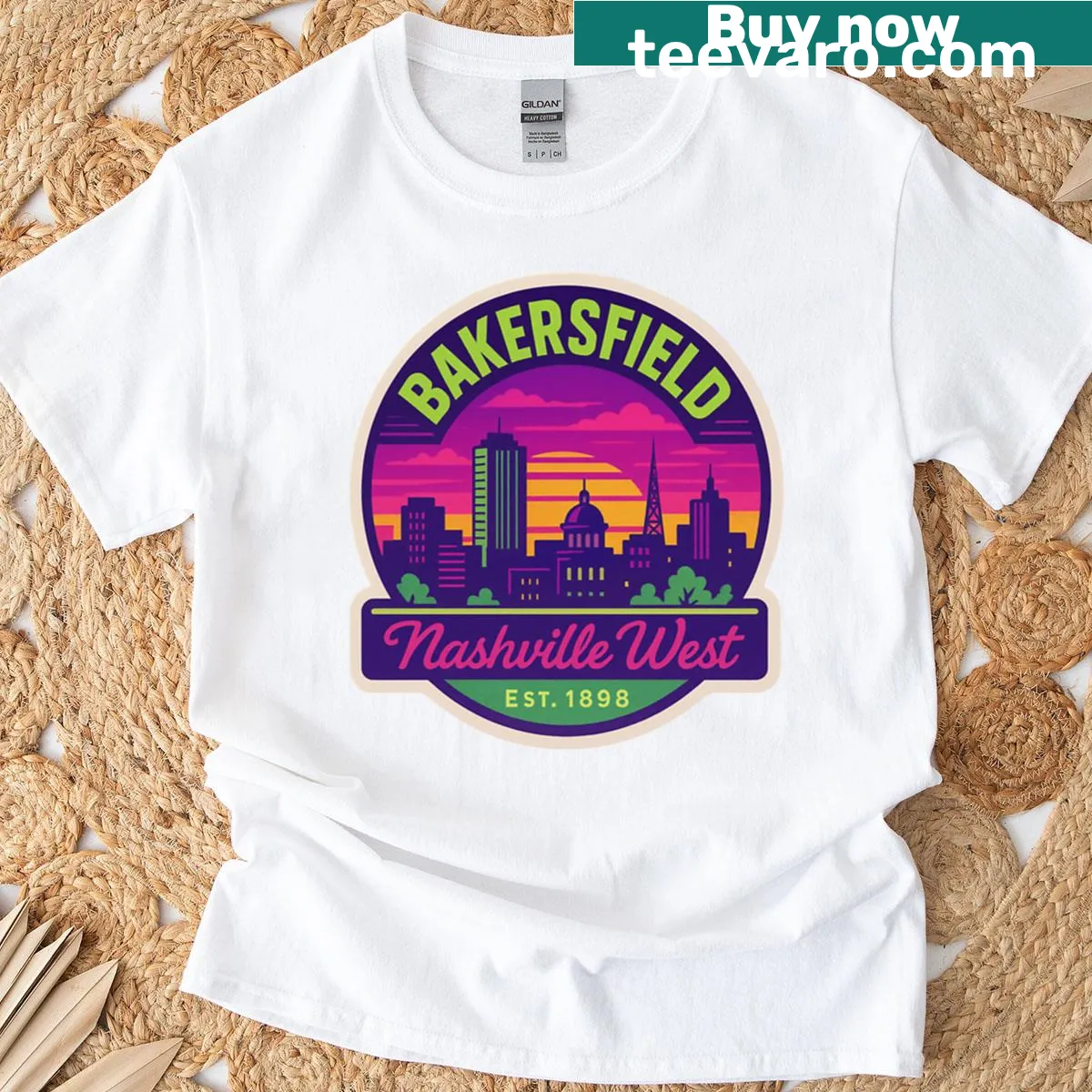 Retro oversized T-shirt featuring a nostalgic Bakersfield skyline design — on a men's t-shirt