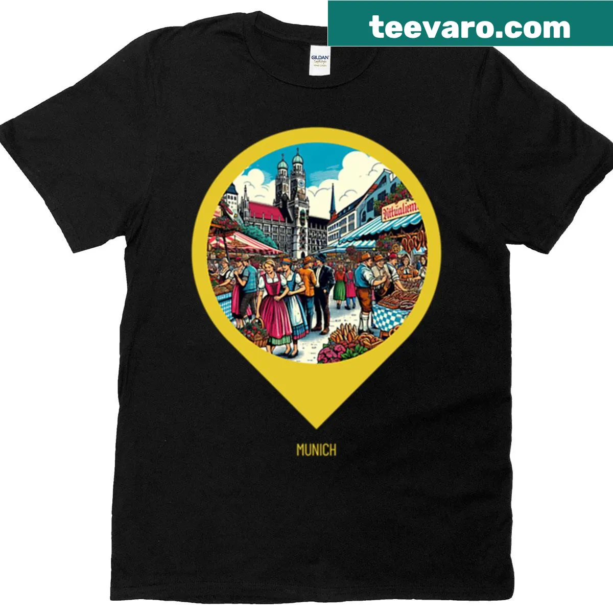 Retro-style tee featuring an 80s Munich cityscape design — on a men's t-shirt