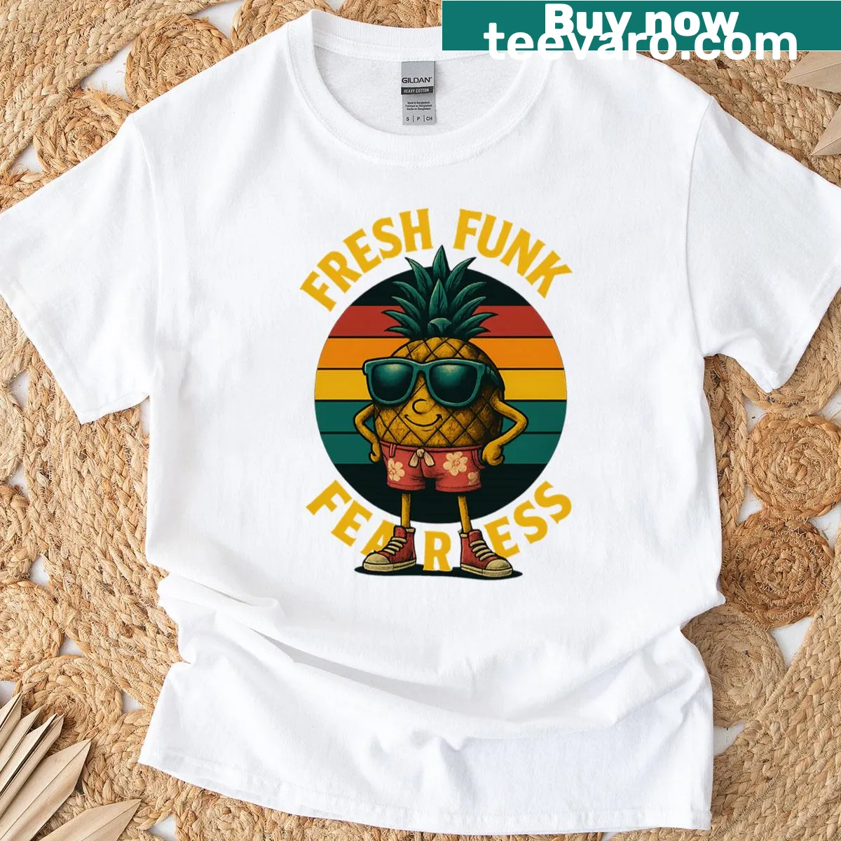 Cartoon-style T-shirt featuring a whimsical pineapple graphic — on a men's t-shirt