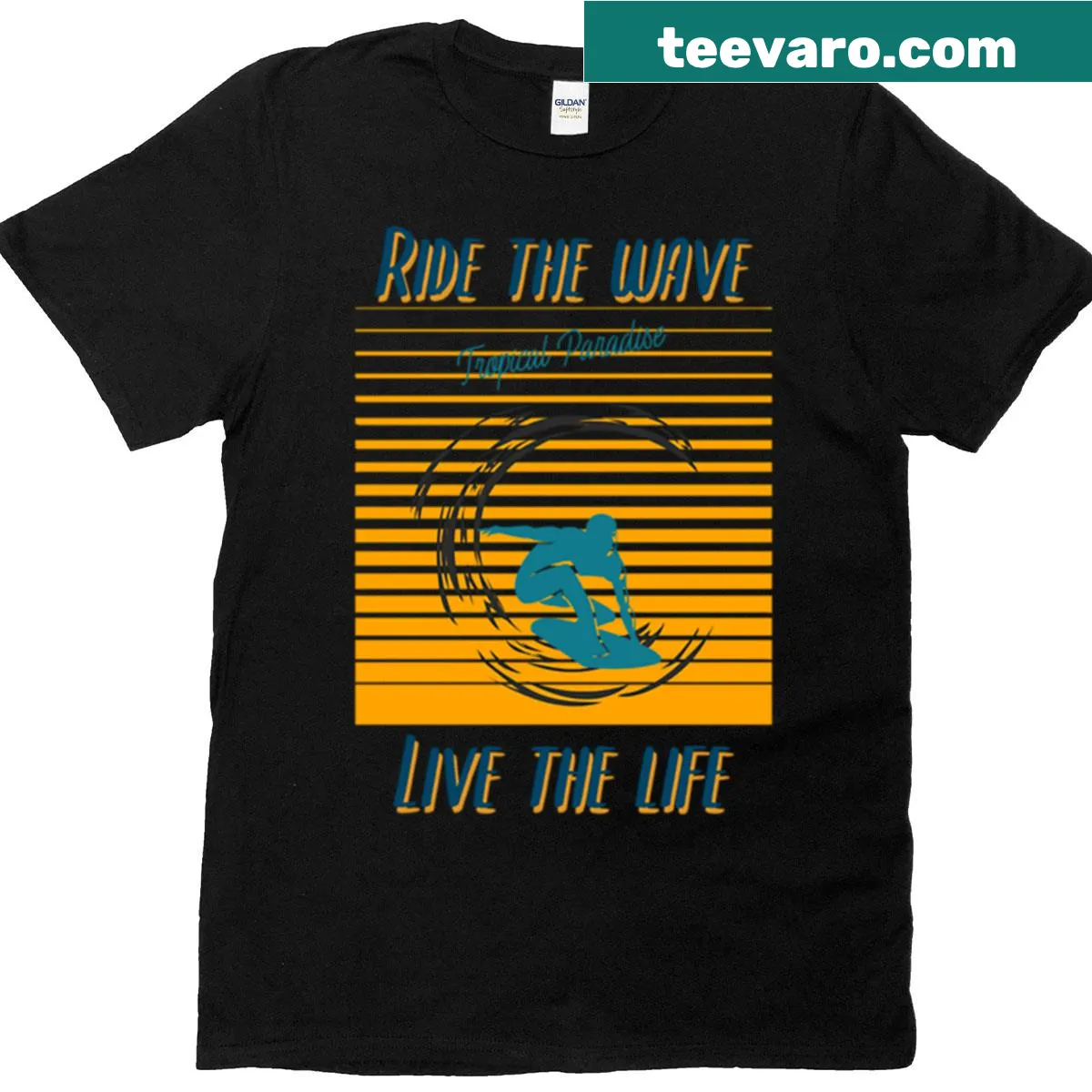Inspirational T-shirt with 'Ride The Wave Live The Life' text — on a men's t-shirt