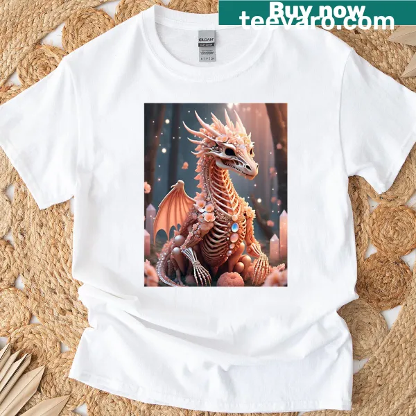 Skeletal dragon illustration T-shirt in a rose gold style