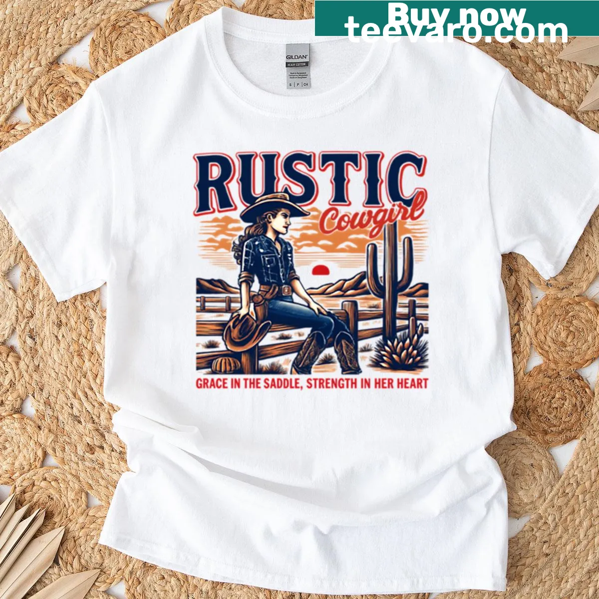 Illustrated rustic cowgirl graphic on a t-shirt — on a men's t-shirt
