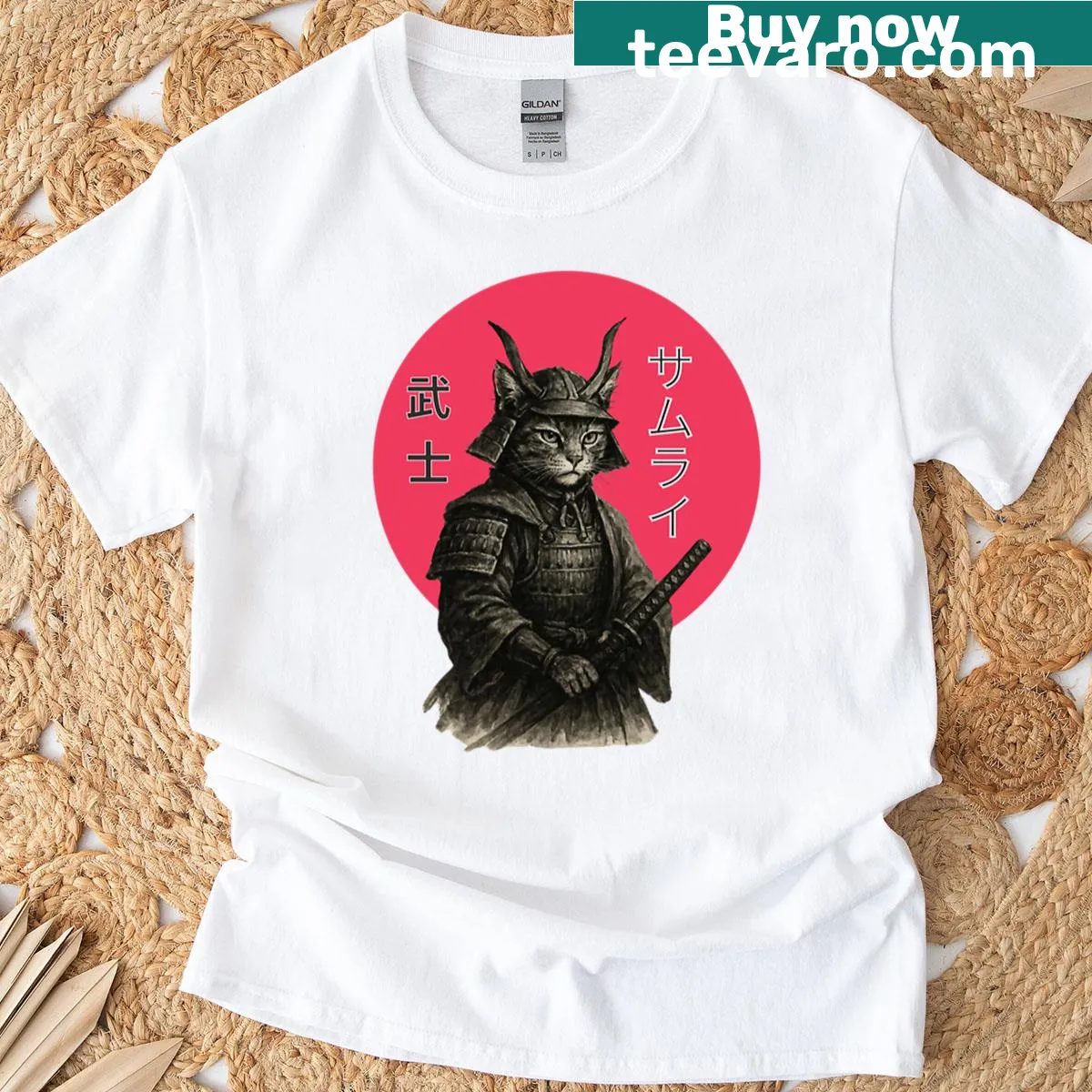 Artistic cat samurai warrior graphic on a t-shirt — on a men's t-shirt