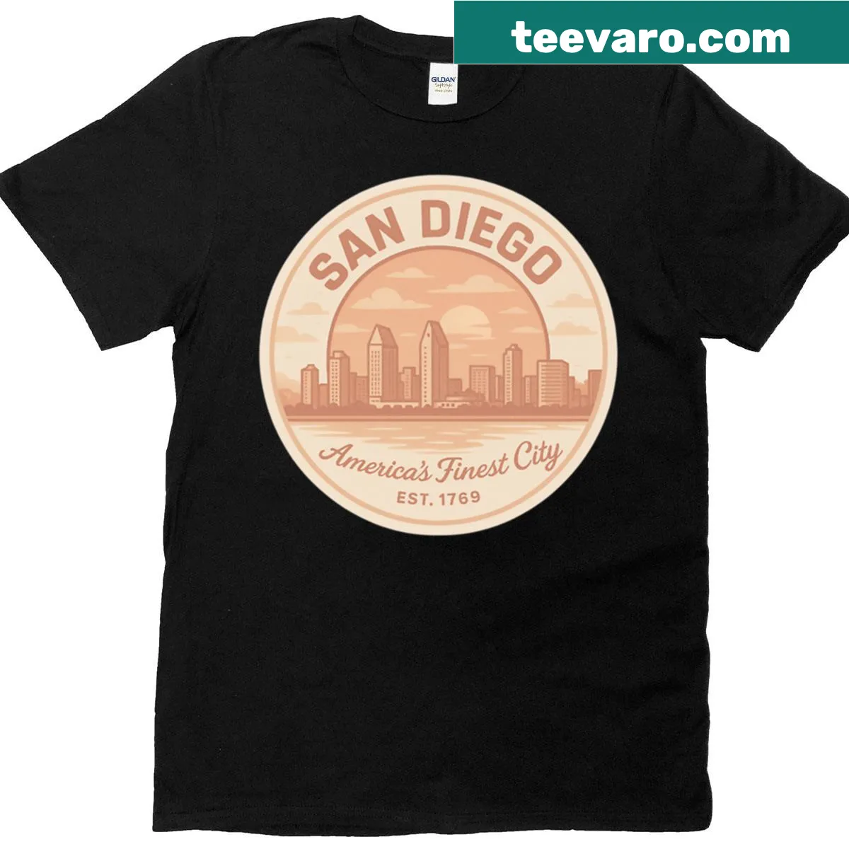 Retro San Diego skyline graphic T-shirt in vintage style — on a men's t-shirt
