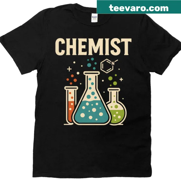 Chemistry-themed t-shirt with lab equipment and symbols
