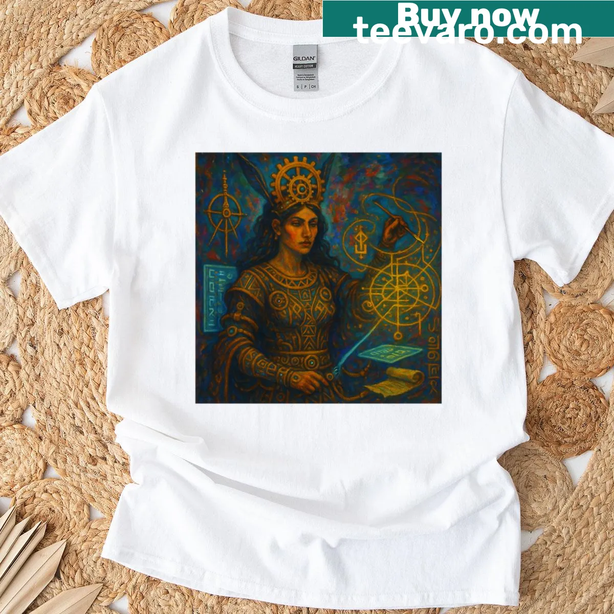 Seshat graphic t-shirt representing cosmic time — on a men's t-shirt