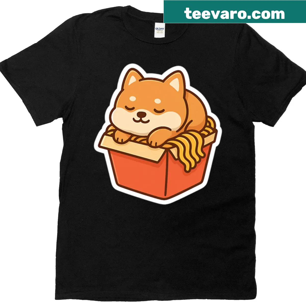 Shiba Inu in ramen box graphic T-shirt — on a men's t-shirt