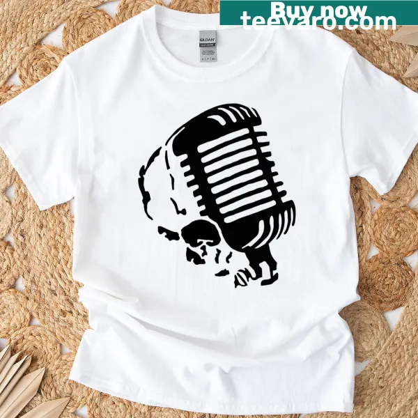 Skull holding a microphone illustration on t-shirt