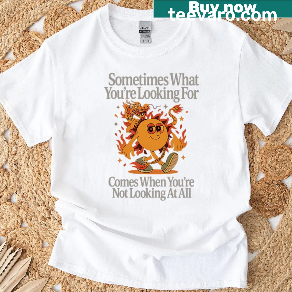 Retro flame sun dragon design on a whimsical T-shirt — on a men's t-shirt