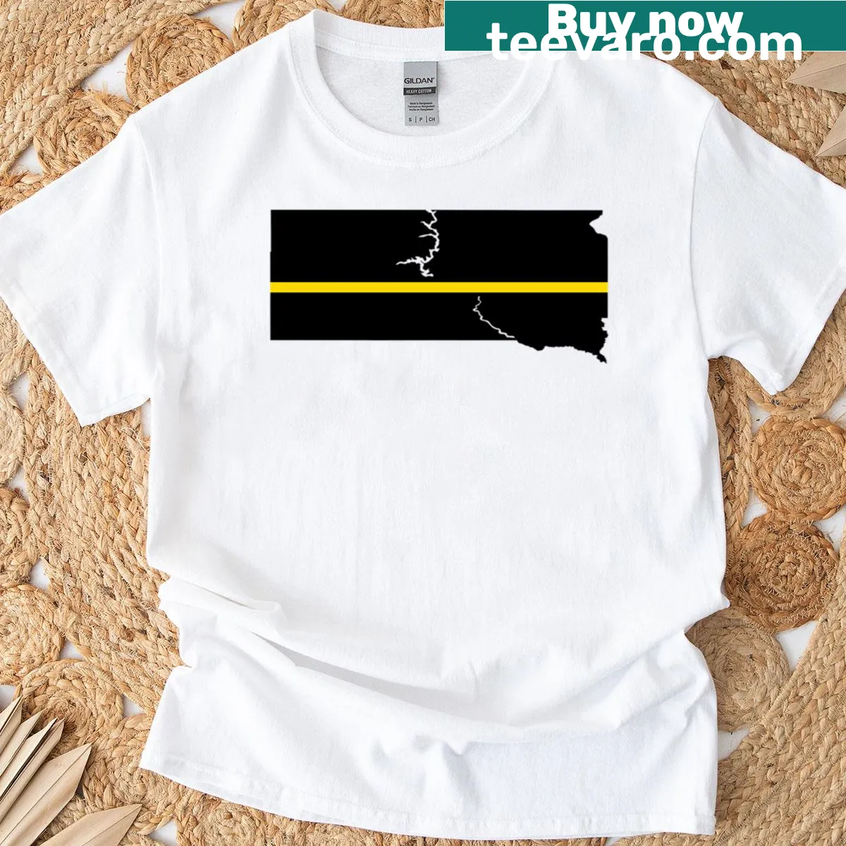 Thin gold line graphic representing South Dakota — on a men's t-shirt