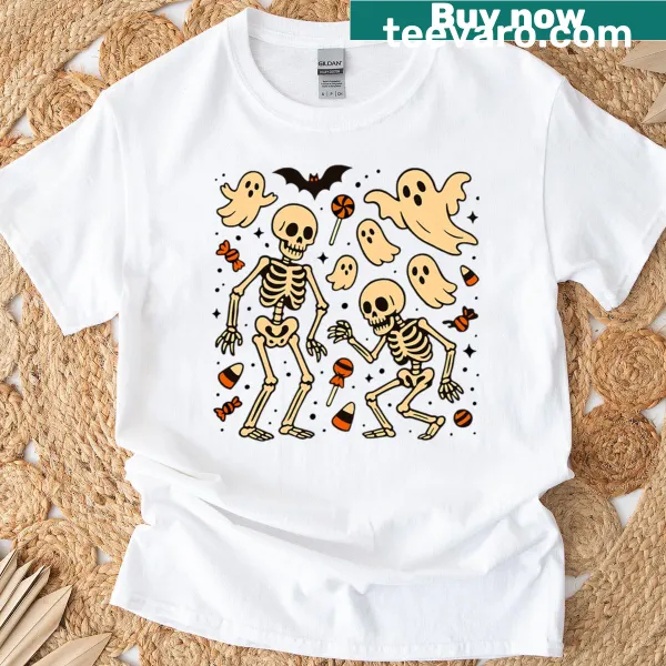 Cartoon T-shirt featuring cute spooky designs for Halloween fun.