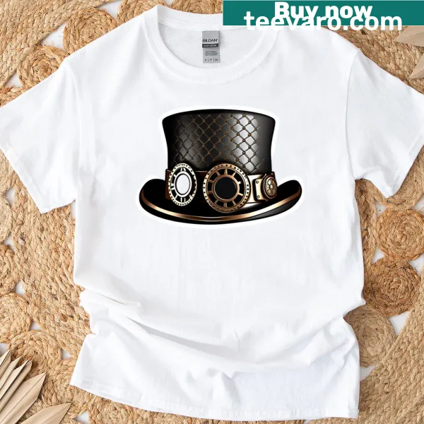 T-shirt featuring an illustration of a steampunk hat design