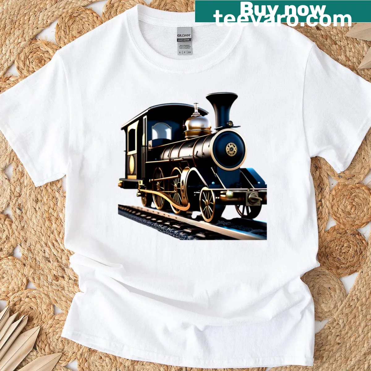 Illustration of a steampunk 1880s steam-engine locomotive — on a men's t-shirt