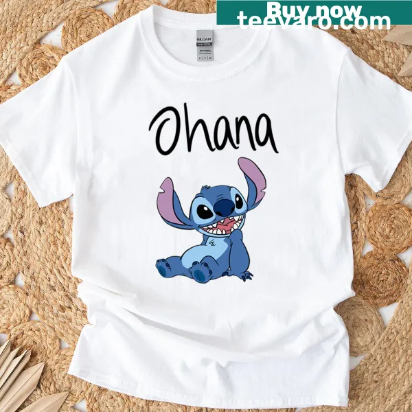 Playful Stitch illustration with 'Ohana' text T-shirt