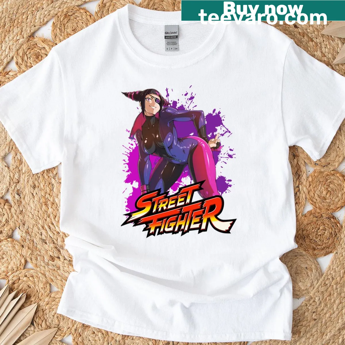 Street Fighter Anime Juri graphic t-shirt with an energetic design — on a men's t-shirt